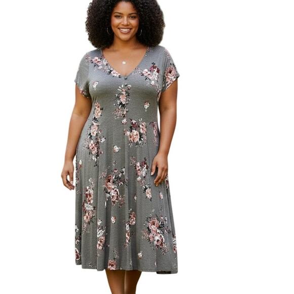 Torrid Floral Knit Midi Dress Womens 2X Gray Multicolor V-Neck Stretch - Picture 1 of 9